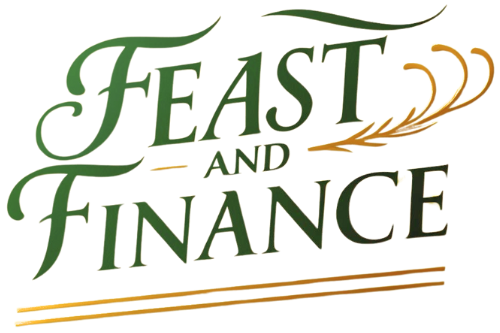 Feast and Finance Logo with transparent background. Green text with gold swoosh